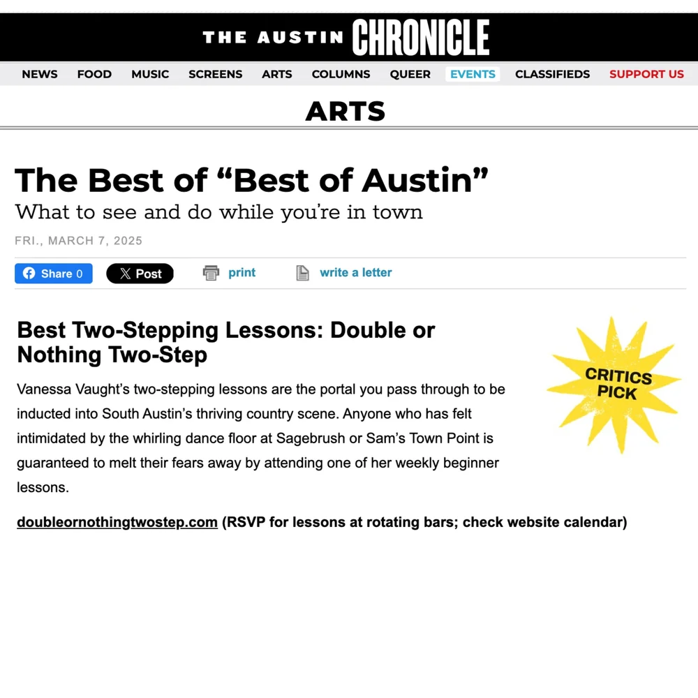 Austin Chronicle Best of Austin award: Best Two-Stepping Lessons, Double or Nothing Two-Step, Critics Pick